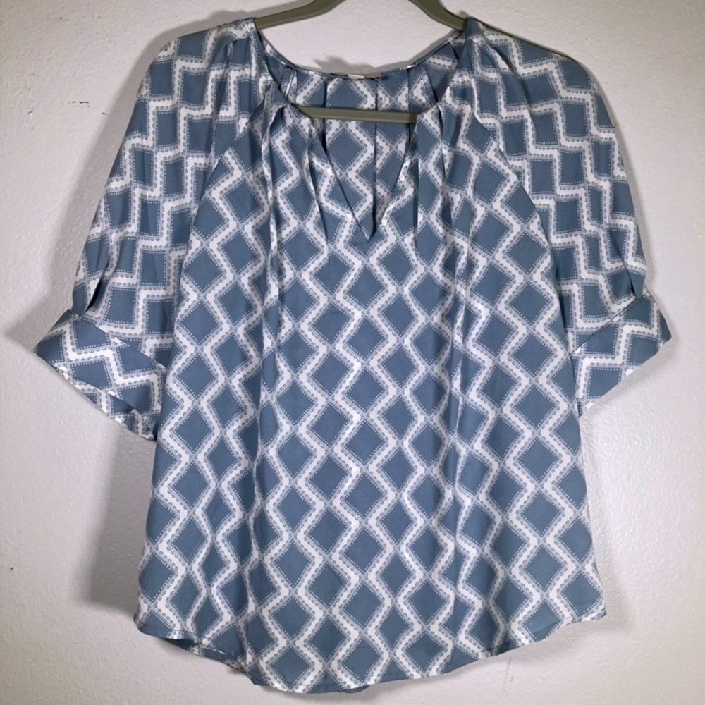 LOFT Outlet Womens S Blue White Geometric Diamond Print Split Neck Blouse